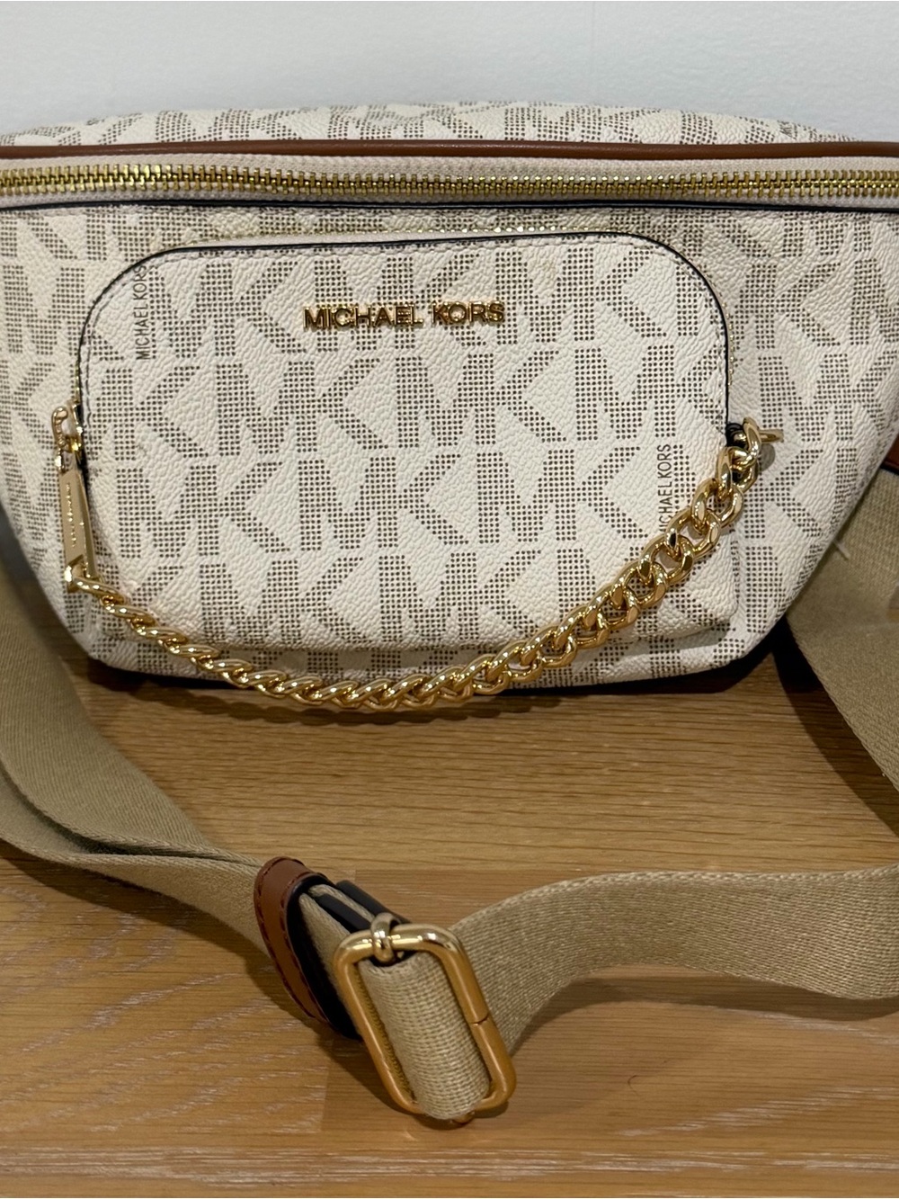 Michael Kors Cream Signature Logo Crossbody Belt Bag with Gold Chain